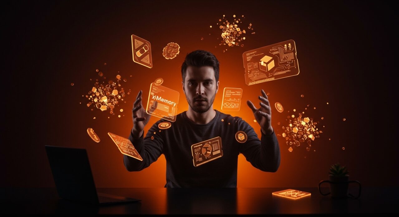 Fundador visualizando optimización de memoria en IA con tokens digitales y redes neuronales abstractas en colores naranja y negro.