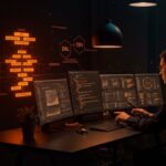 Representación visual de XML como lenguaje específico de dominio para automatización en startups, con interfaz digital iluminada en paleta naranja y negra.