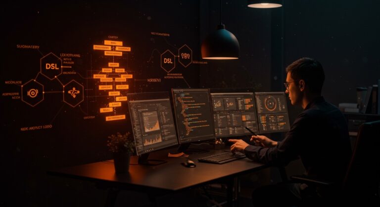 Representación visual de XML como lenguaje específico de dominio para automatización en startups, con interfaz digital iluminada en paleta naranja y negra.