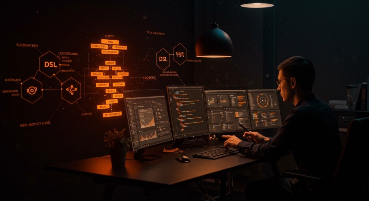 Representación visual de XML como lenguaje específico de dominio para automatización en startups, con interfaz digital iluminada en paleta naranja y negra.