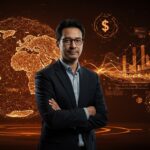 Yann LeCun con visualización futurista de inteligencia artificial y modelos de mundo, simbolizando la mayor ronda semilla de startup AMI en Europa.