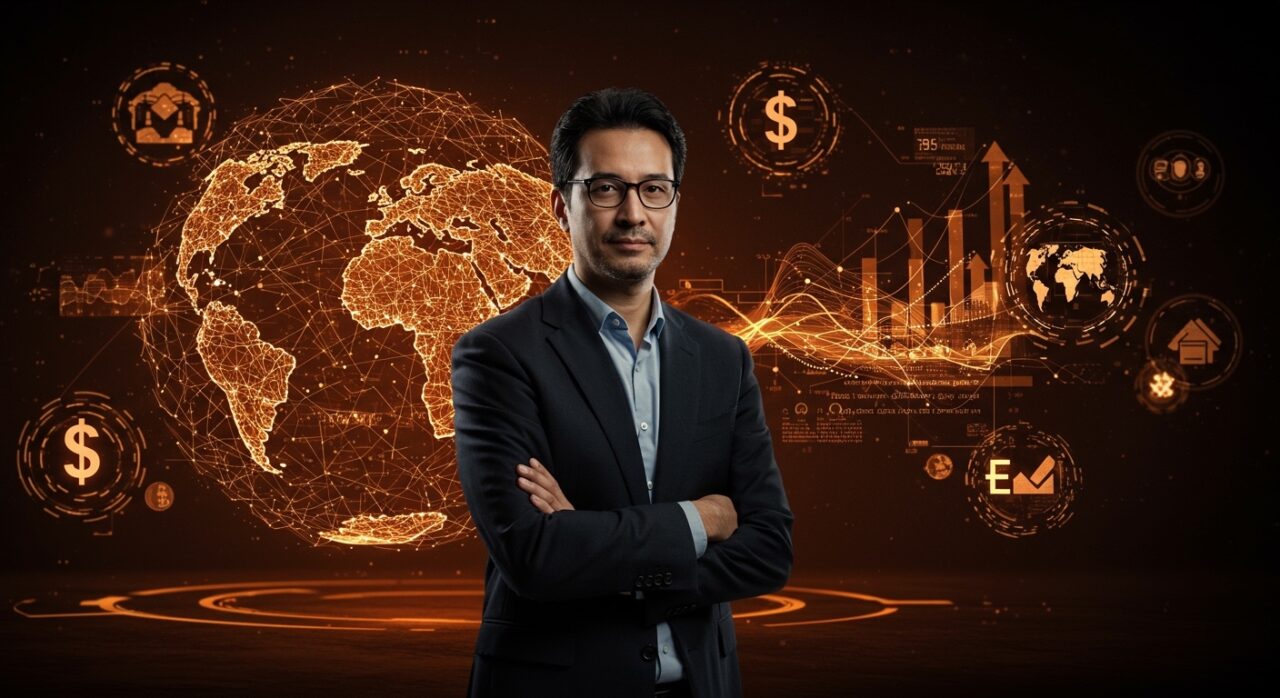 Yann LeCun con visualización futurista de inteligencia artificial y modelos de mundo, simbolizando la mayor ronda semilla de startup AMI en Europa.