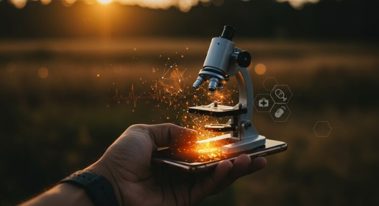 Smartphone transformado en microscopio portátil para diagnóstico médico rural impulsado por startup de la UCSM en el sector healthtech peruano.