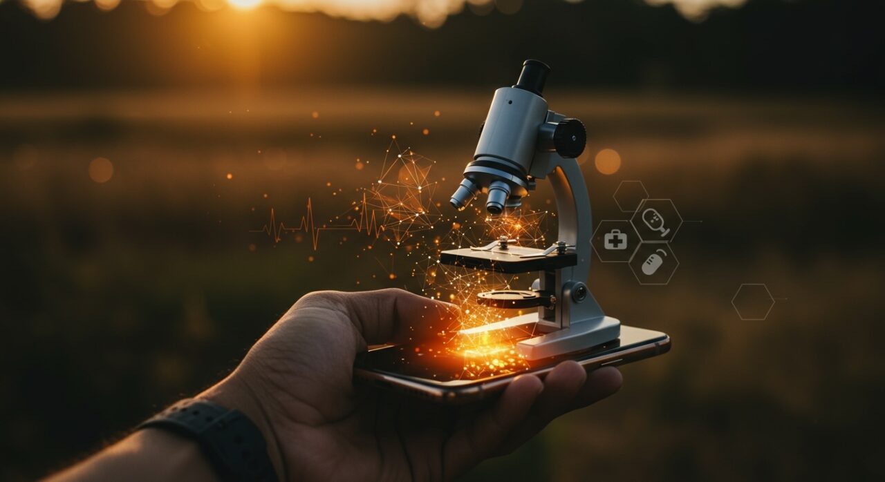 Smartphone transformado en microscopio portátil para diagnóstico médico rural impulsado por startup de la UCSM en el sector healthtech peruano.