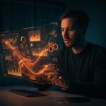 Fundador fintech automatizando procesos financieros avanzados con flujos de datos en hologramas, destacando inversión y tecnología startup.