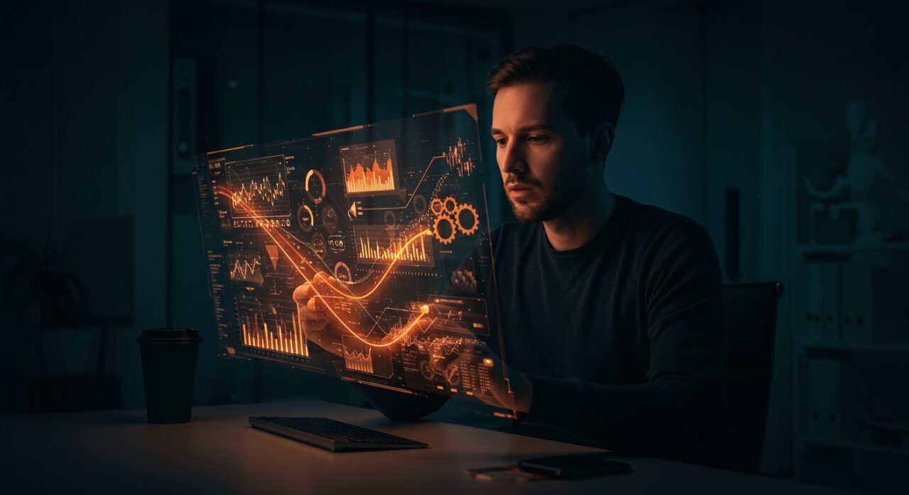 Fundador fintech automatizando procesos financieros avanzados con flujos de datos en hologramas, destacando inversión y tecnología startup.
