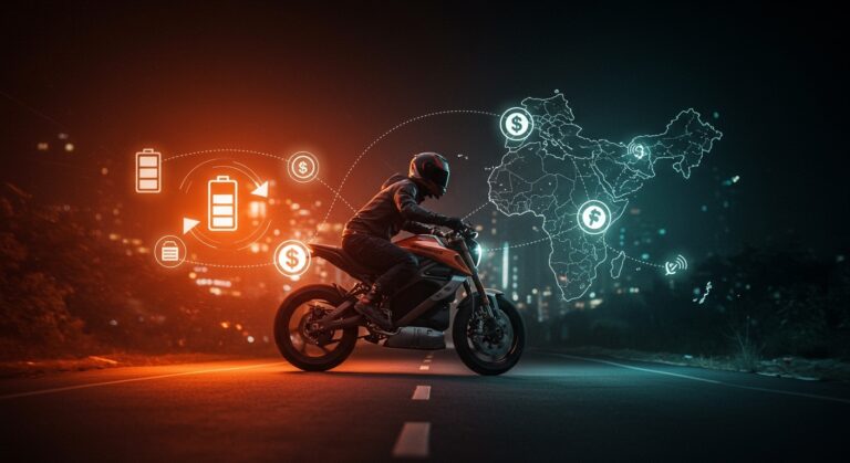 Motocicleta eléctrica con batería intercambiable en movimiento representando la financiación y expansión de la startup Zeno en África e India.