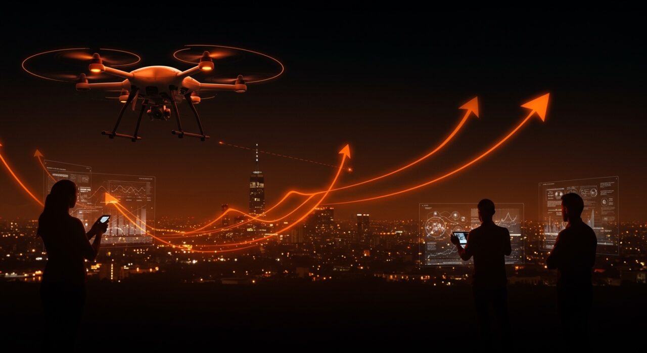 Dron de Zipline en vuelo sobre ciudad con gráficos digitales que simbolizan funding récord y expansión tecnológica en EE.UU.