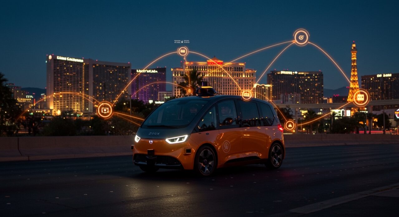 Robotaxi autónomo Zoox integrado con Uber circulando en Las Vegas en 2026, representando la movilidad autónoma y tecnología startup.