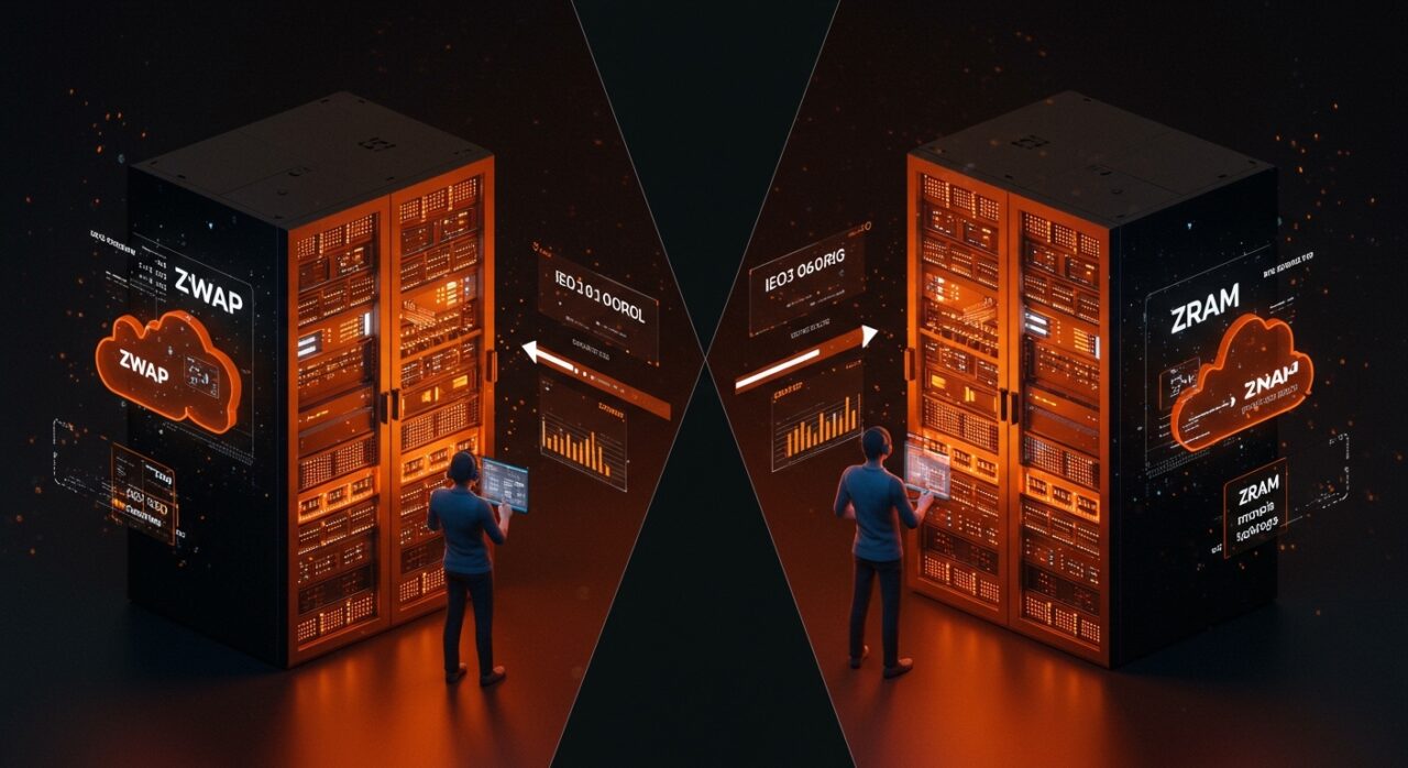 Comparativa visual de servidores Linux optimizando la memoria con Zswap y Zram para mejorar el rendimiento y gestión de swap en ambientes tecnológicos.