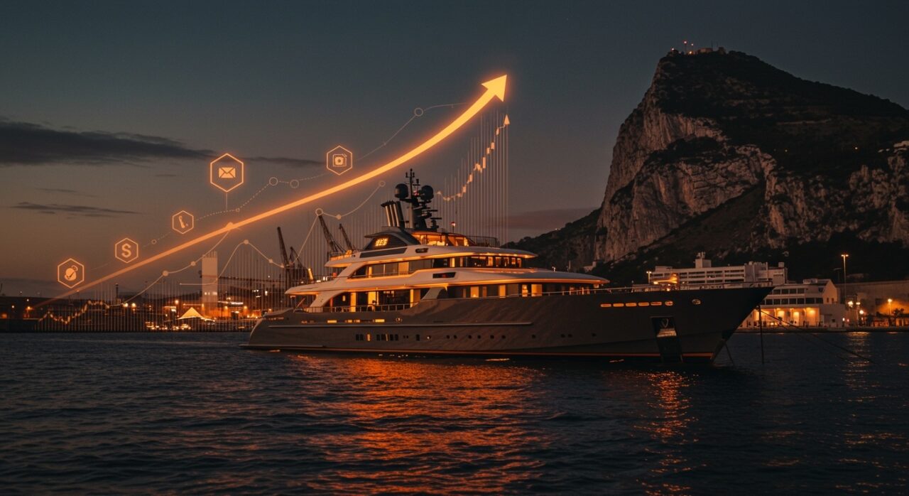 Superyate Launchpad de Mark Zuckerberg repostando combustible marítimo en Gibraltar, destacando el impacto del aumento de precios y la estrategia de bunkering en 2026.