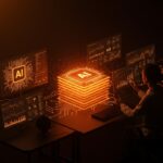 Visualización futurista de modelos de IA analizados y optimizados con hologramas en paleta naranja y negro de Ecosistema Startup.