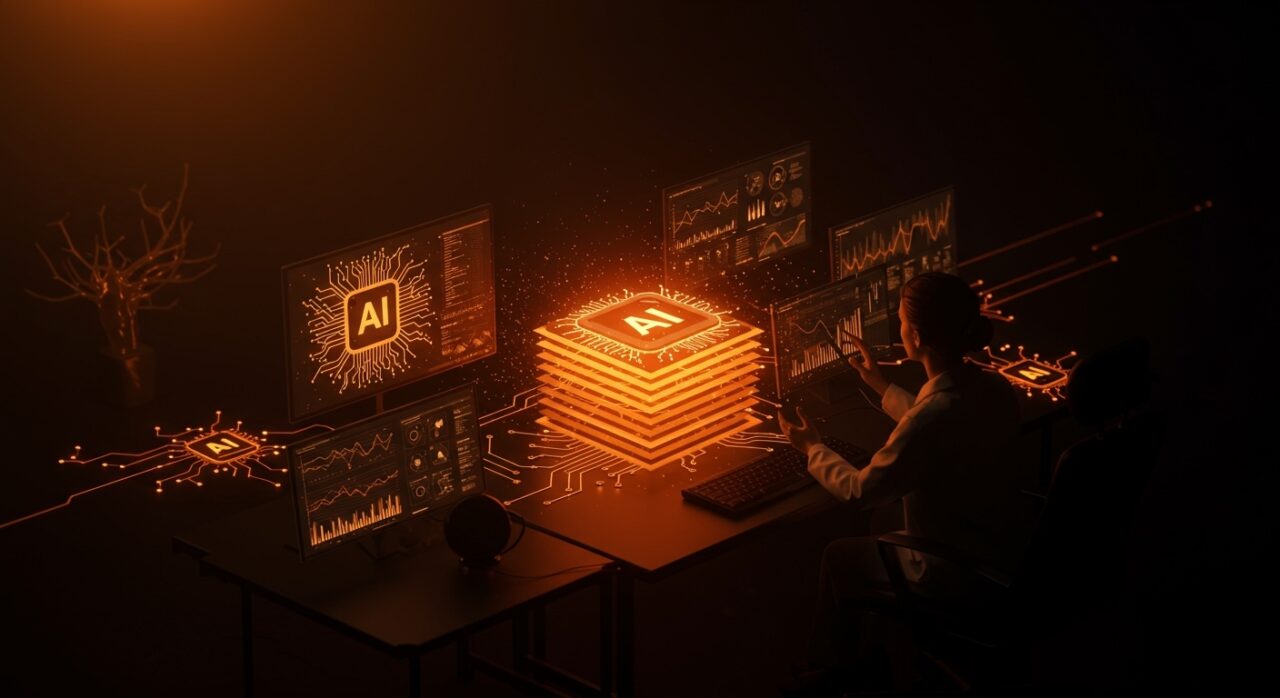 Visualización futurista de modelos de IA analizados y optimizados con hologramas en paleta naranja y negro de Ecosistema Startup.