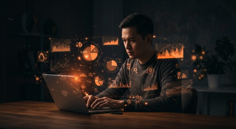 Founder utilizando fórmulas de Excel para automatización de KPIs y análisis de datos en una startup tecnológica.