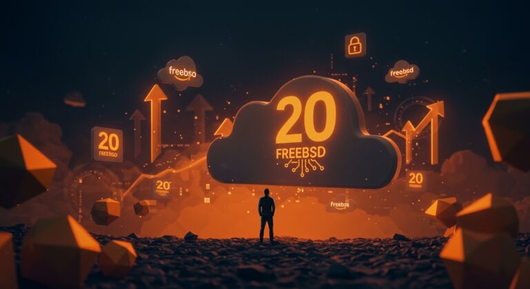 Colin Percival y 20 años en AWS, ilustración conceptual de infraestructura cloud, seguridad en la nube y colaboración open source.