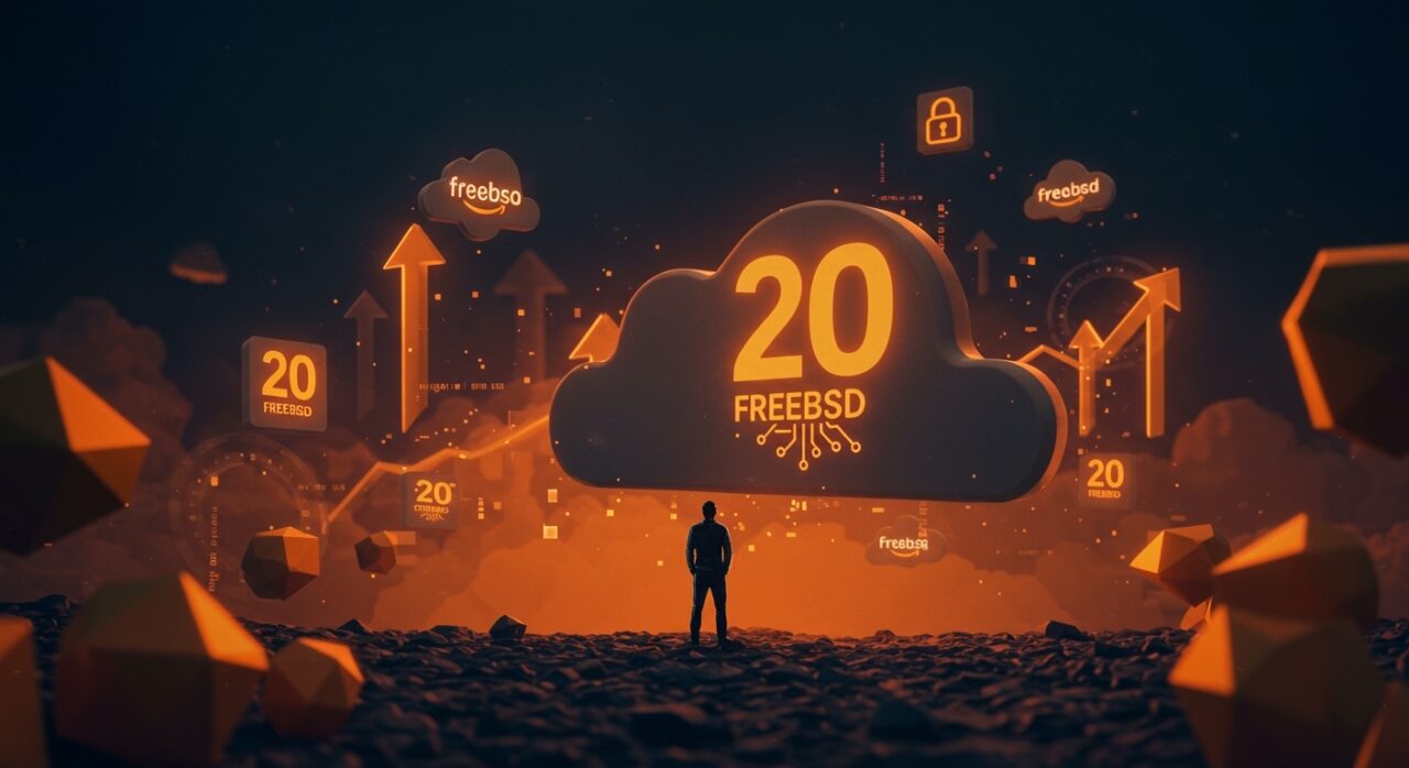 Colin Percival y 20 años en AWS, ilustración conceptual de infraestructura cloud, seguridad en la nube y colaboración open source.