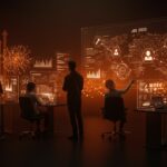 Fundadores de startups colaborando en un entorno digital futurista con visualizaciones de reskilling y habilidades digitales para el empleo futuro 2030.