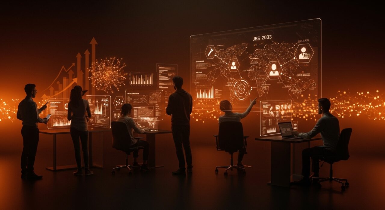 Fundadores de startups colaborando en un entorno digital futurista con visualizaciones de reskilling y habilidades digitales para el empleo futuro 2030.