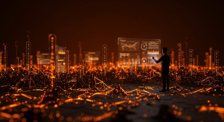 Visualización de scraping automático de datos públicos a gran escala con portales digitales en tonos naranja y negro, representando automatización y proptech para startups.