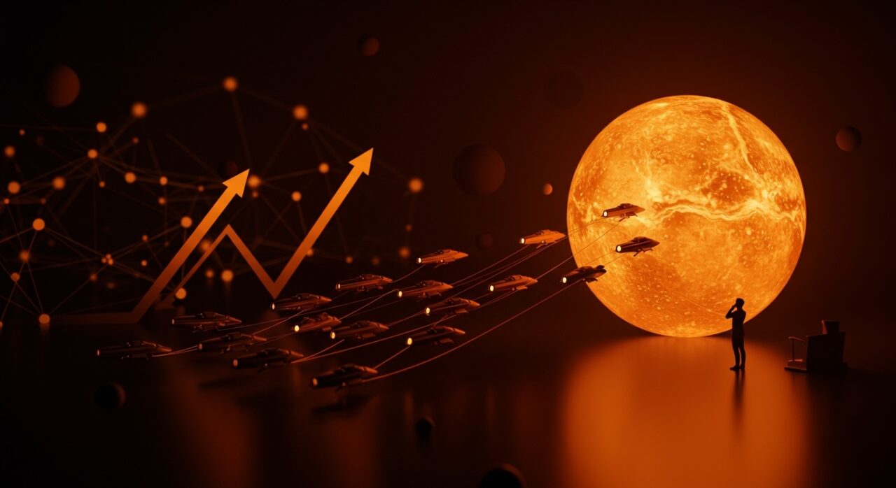 Serie de sondas Venera en trayectoria hacia Venus, simbolizando perseverancia e innovación tecnológica en startups.