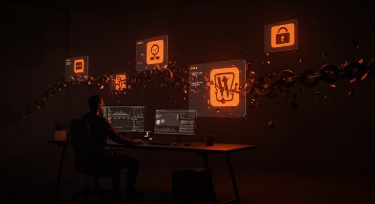 Visualización de amenaza de backdoor en plugins de WordPress ilustrando un ataque a la cadena de suministro y riesgos de seguridad.