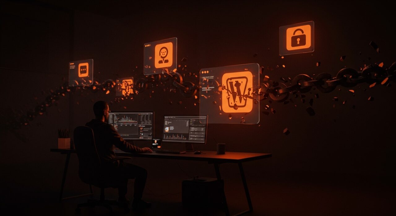 Visualización de amenaza de backdoor en plugins de WordPress ilustrando un ataque a la cadena de suministro y riesgos de seguridad.