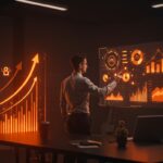 Fundador de startup construyendo confianza a través de comunicación estratégica en un entorno tecnológico naranja y negro.