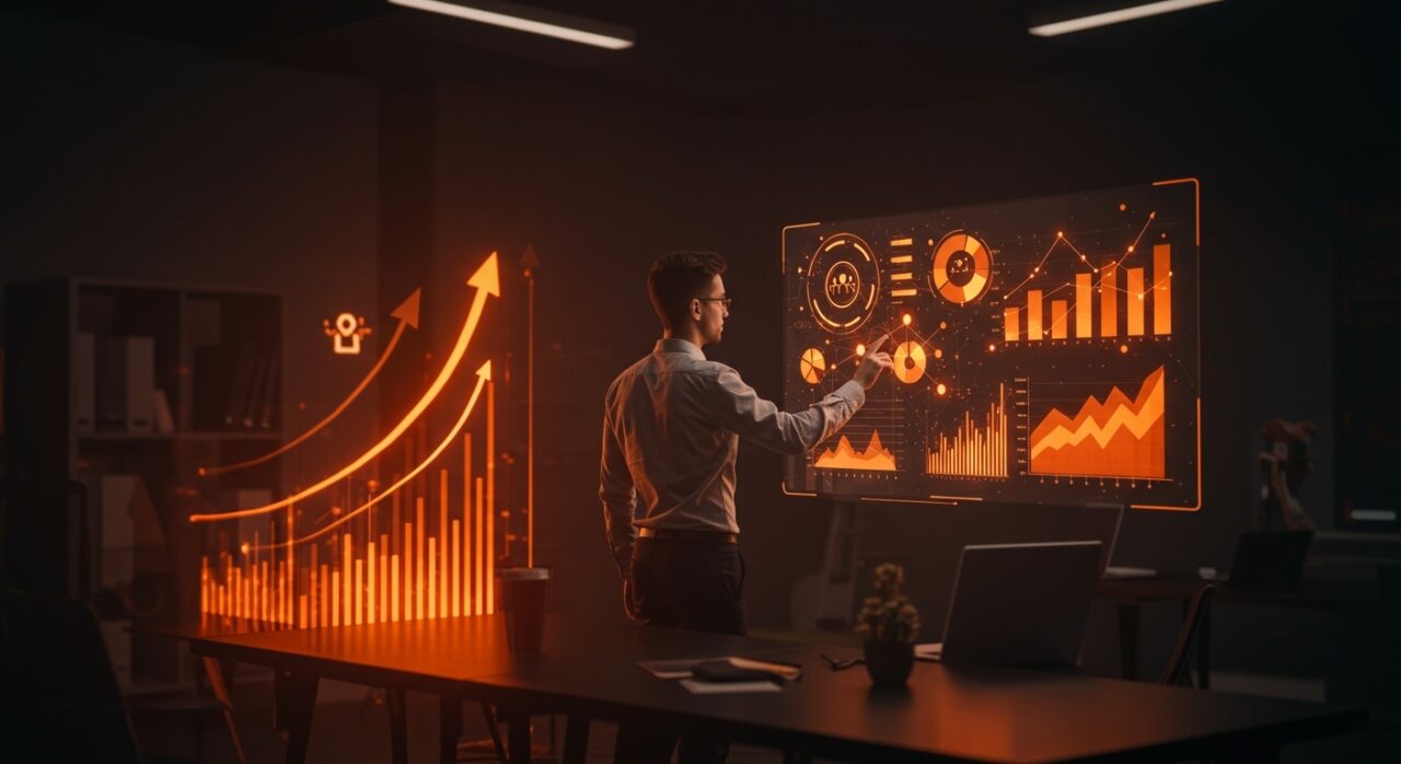 Fundador de startup construyendo confianza a través de comunicación estratégica en un entorno tecnológico naranja y negro.