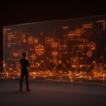 Founder revisando leyes de ingeniería software con diagramas digitales y metáforas visuales de gestión técnica y arquitectura startup.