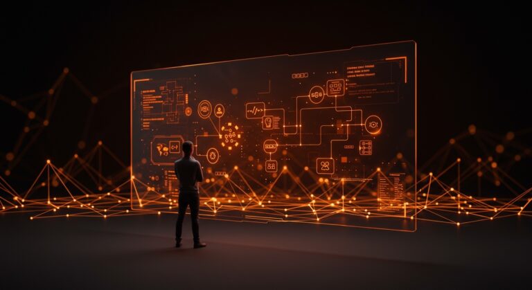 Founder revisando leyes de ingeniería software con diagramas digitales y metáforas visuales de gestión técnica y arquitectura startup.