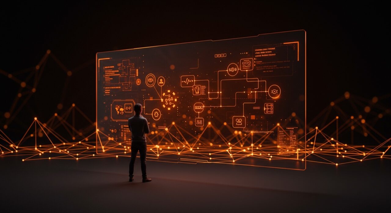 Founder revisando leyes de ingeniería software con diagramas digitales y metáforas visuales de gestión técnica y arquitectura startup.