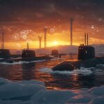 Submarinos nucleares Yasen de Rusia desplegados en el Ártico con metáforas visuales de cadenas de suministro y tecnología de defensa en un contexto geopolítico 2026.