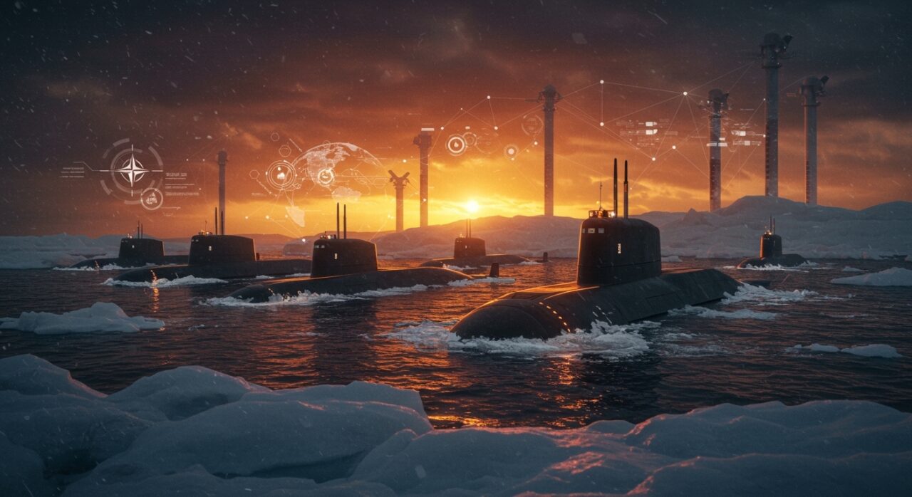 Submarinos nucleares Yasen de Rusia desplegados en el Ártico con metáforas visuales de cadenas de suministro y tecnología de defensa en un contexto geopolítico 2026.