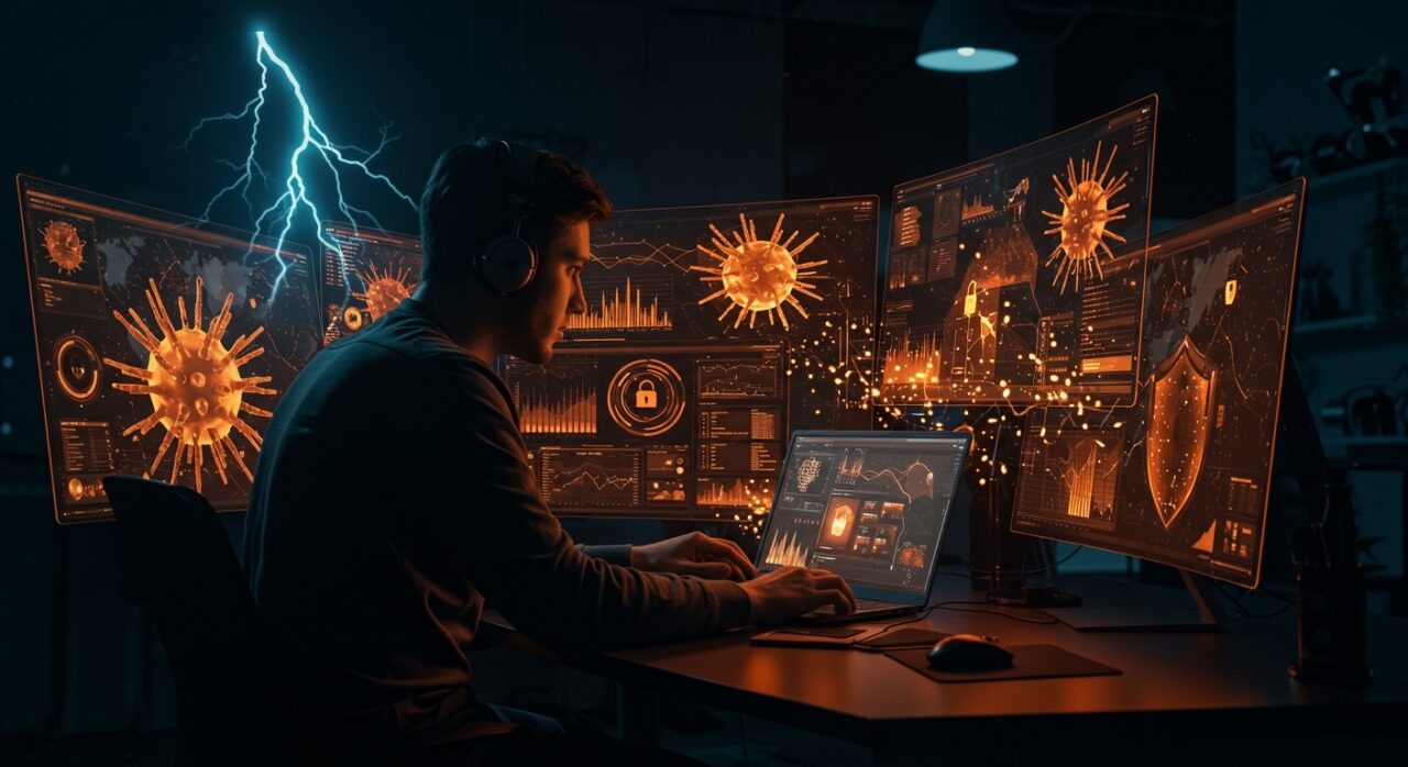 Ilustración de amenaza de malware y protección digital para startups en 2026 con enfoque en ciberseguridad e inteligencia artificial.