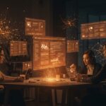 Fundadores de startup trabajando con interfaces web generadas por inteligencia artificial, ilustrando la influencia de la IA en la creación web y estrategias SEO.