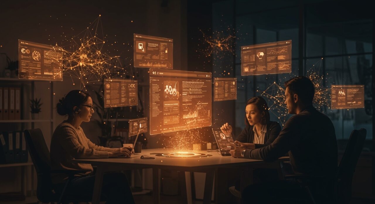 Fundadores de startup trabajando con interfaces web generadas por inteligencia artificial, ilustrando la influencia de la IA en la creación web y estrategias SEO.