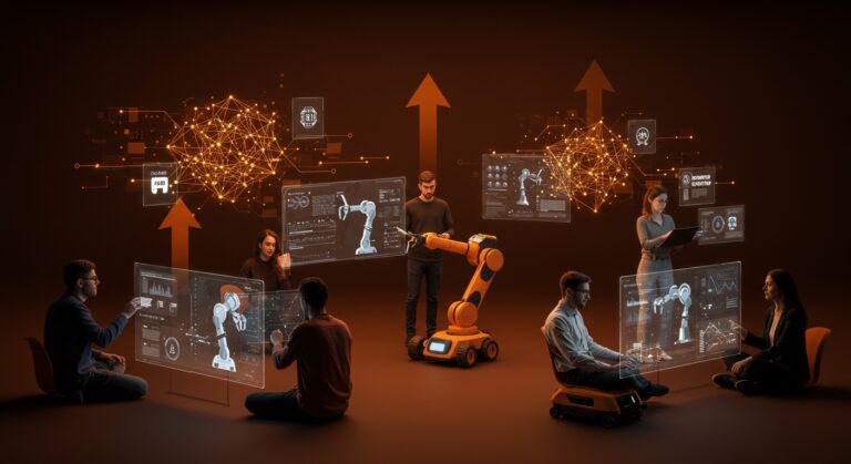 Startups colaborando en tecnología de automatización en España, mostrando robots, IA empresarial y oportunidades de mercado 2026.