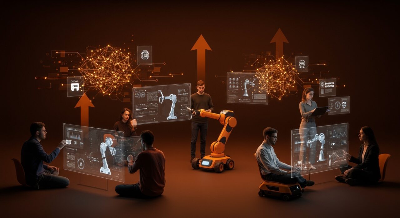 Startups colaborando en tecnología de automatización en España, mostrando robots, IA empresarial y oportunidades de mercado 2026.