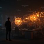 Emprendedor tech en oficina vacía con visualizaciones de despidos tecnológicos 2026 e inversión en inteligencia artificial para startups hispanohablantes.