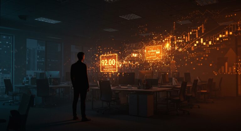 Emprendedor tech en oficina vacía con visualizaciones de despidos tecnológicos 2026 e inversión en inteligencia artificial para startups hispanohablantes.