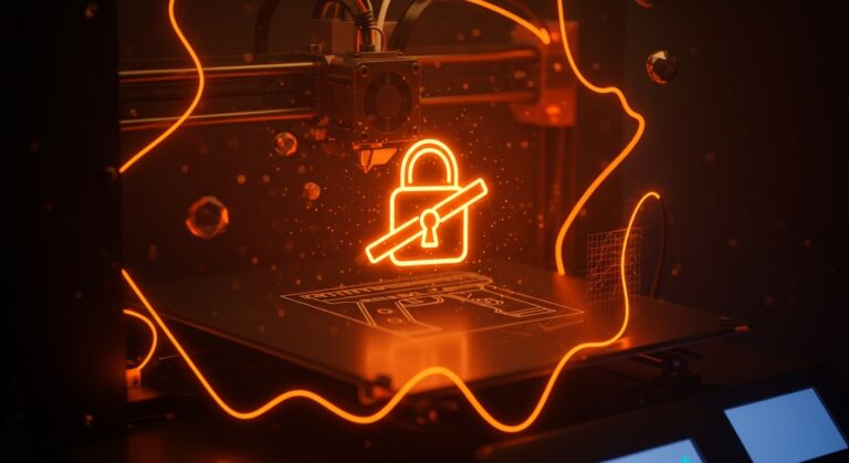 Impresora 3D detenida bloqueando planos digitales de armas en California, ilustrando la regulación y censura en impresión 3D y derechos digitales.