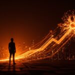 Fundador frente a ciudad digital futurista con redes neuronales brillantes y flechas ascendentes simbolizando récord en funding late-stage para IA startups.