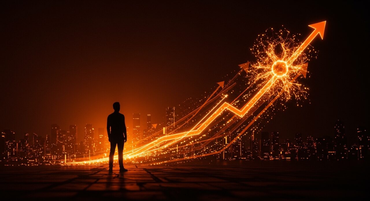 Fundador frente a ciudad digital futurista con redes neuronales brillantes y flechas ascendentes simbolizando récord en funding late-stage para IA startups.