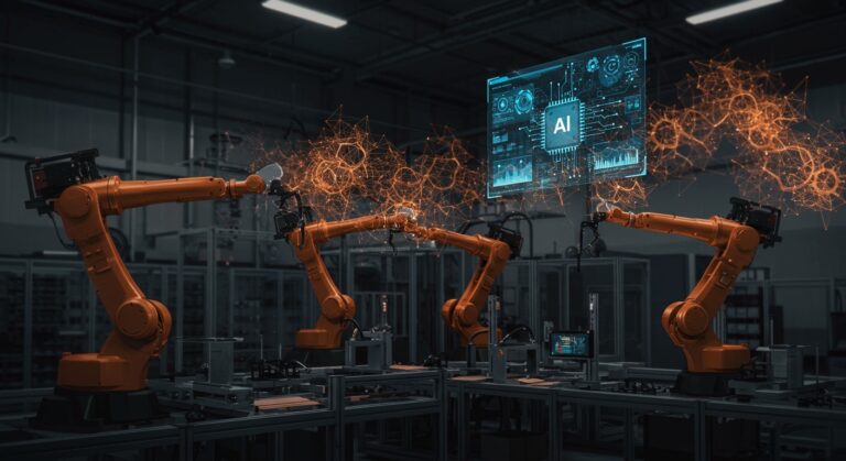 Fábrica multi-robot automatizada con inteligencia artificial unificada impulsada por Accenture y General Robotics para la manufactura avanzada.
