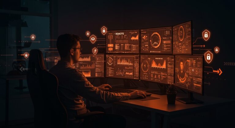 Herramientas de acceso remoto y control de PC remoto representadas en un entorno de startup con enfoque en seguridad informática y automatización.