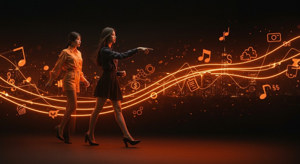 Emprendedora coreana con moda Acubi representando el soft power y la exportación cultural coreana en la industria del K-Pop y moda startup.