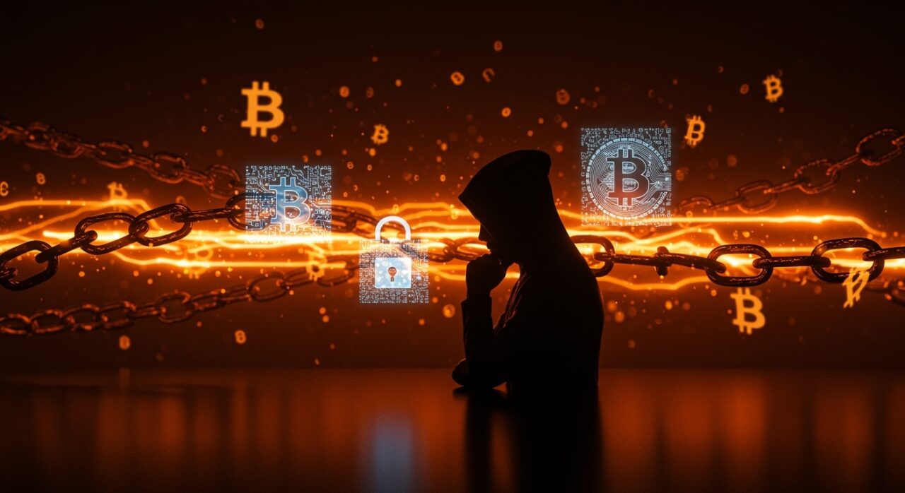 Adam Back negando ser Satoshi Nakamoto en imagen editorial que representa el misterio de la identidad del creador de Bitcoin con símbolos criptográficos y blockchain en colores naranja y negro.