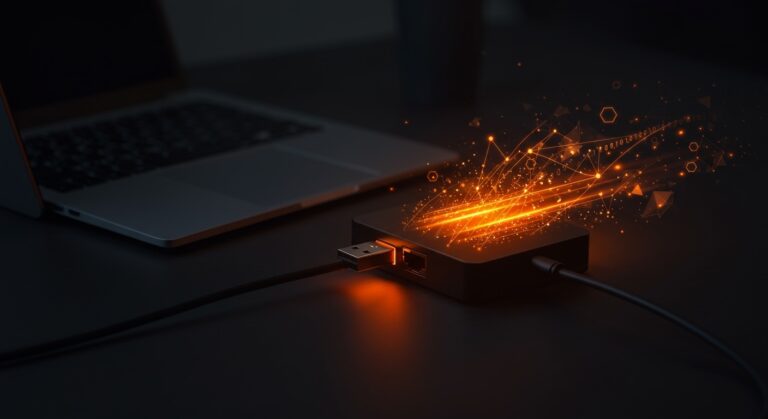 Adaptador USB 10 GbE con RTL8159 conectado a laptop mostrando velocidad y conectividad para startups tecnológicas.