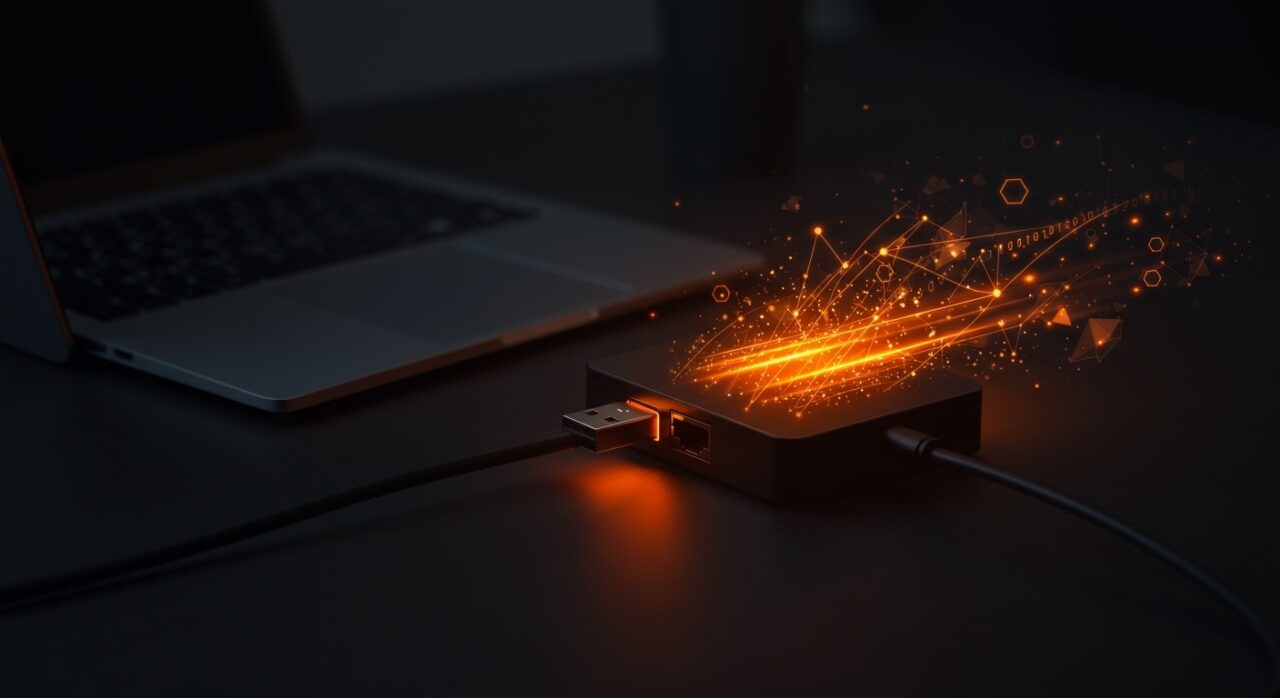 Adaptador USB 10 GbE con RTL8159 conectado a laptop mostrando velocidad y conectividad para startups tecnológicas.