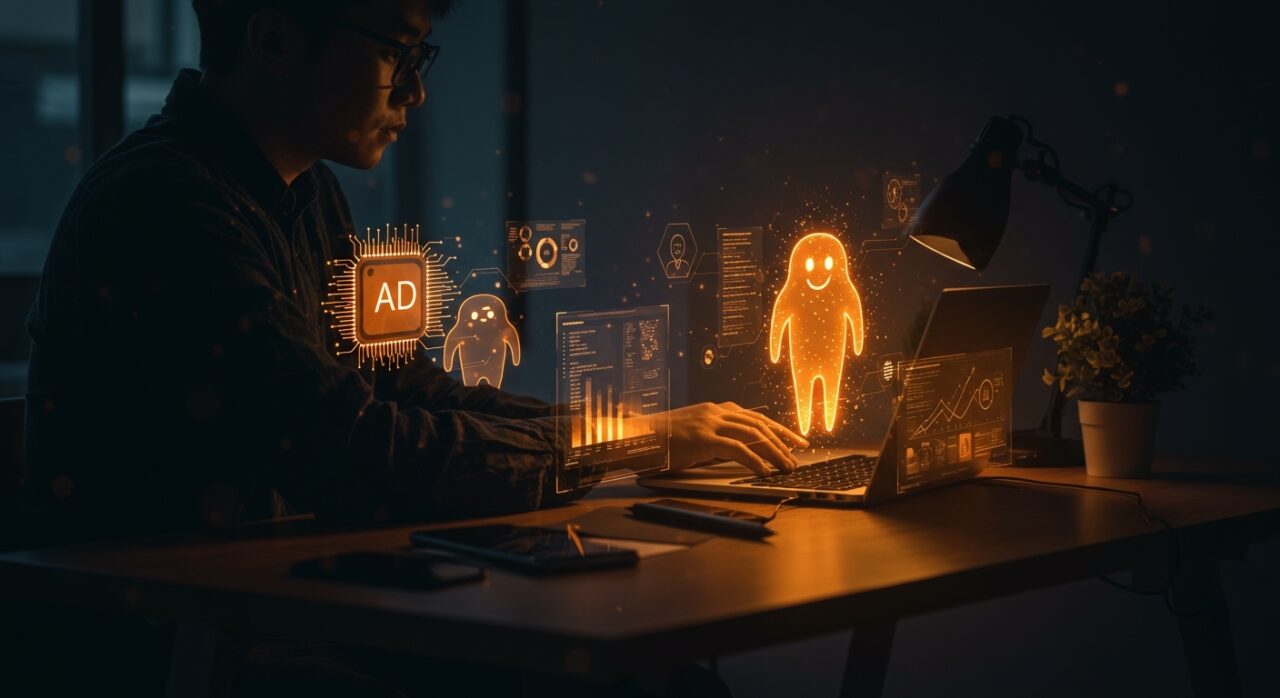 Entorno de desarrollo agente con IA para startups, mostrando interacción de emprendedor con agentes inteligentes y automatización en software.